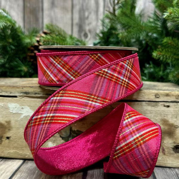 1.5" x 10yds Dupioni Diagonal Plaid Gold Lurex, Red Hot Pink, White