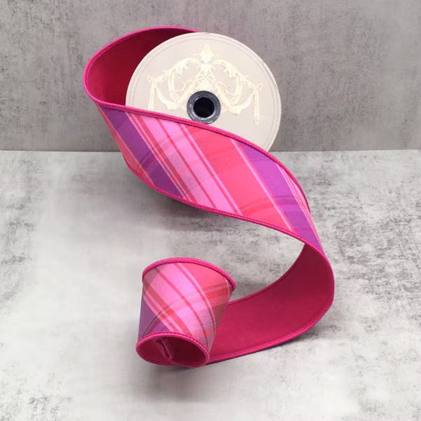 2.5" x 10yds Dupioni Raspberry Swirl Diagonal Plaid, Pink, Purple
