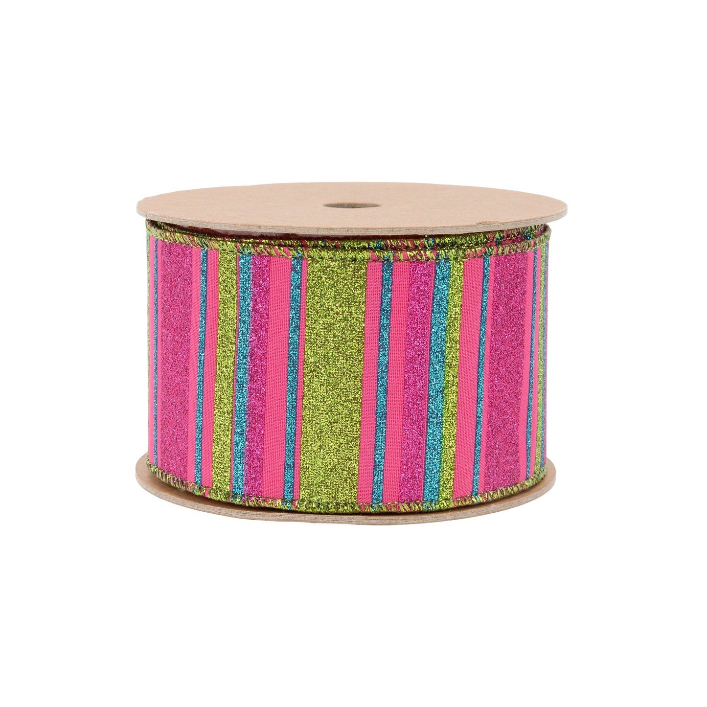 2 1/2" Wired Ribbon | Multi Colored Stripes on Hot Pink | 10 Yard Roll