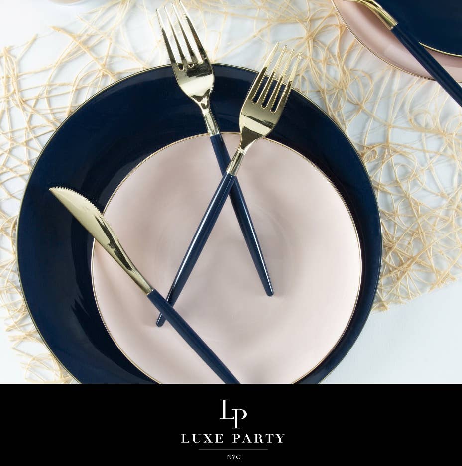 Chic Round Navy and Gold Forks | 32 Pieces