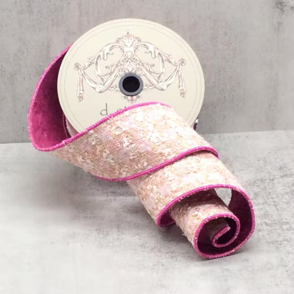 2.5" x 10yds Plain Chenille Tweed Boucle, Pink, White, Gold