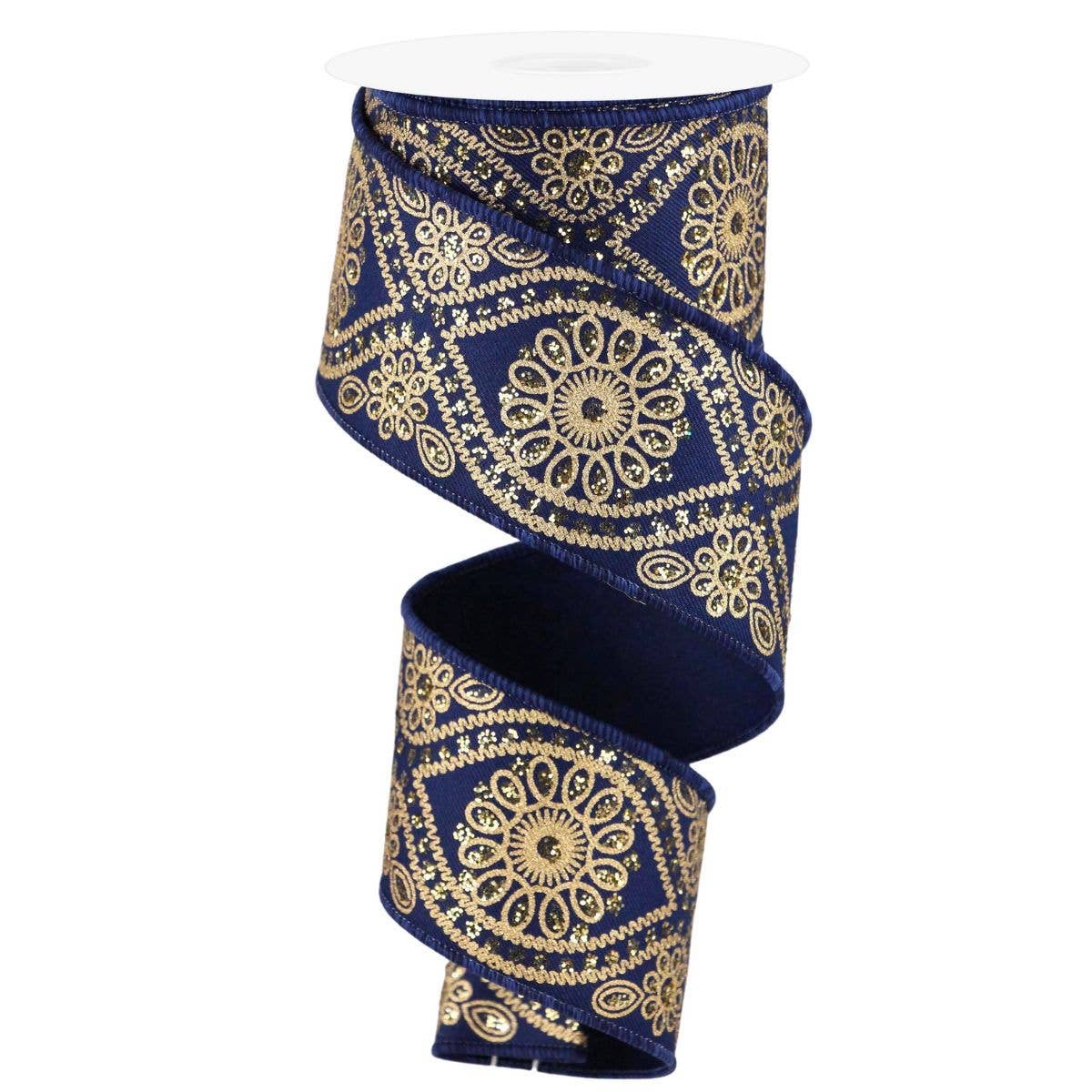 2.5 Inch Navy Blue Gold Deluxe Wavy Floral Ribbon RGE196219