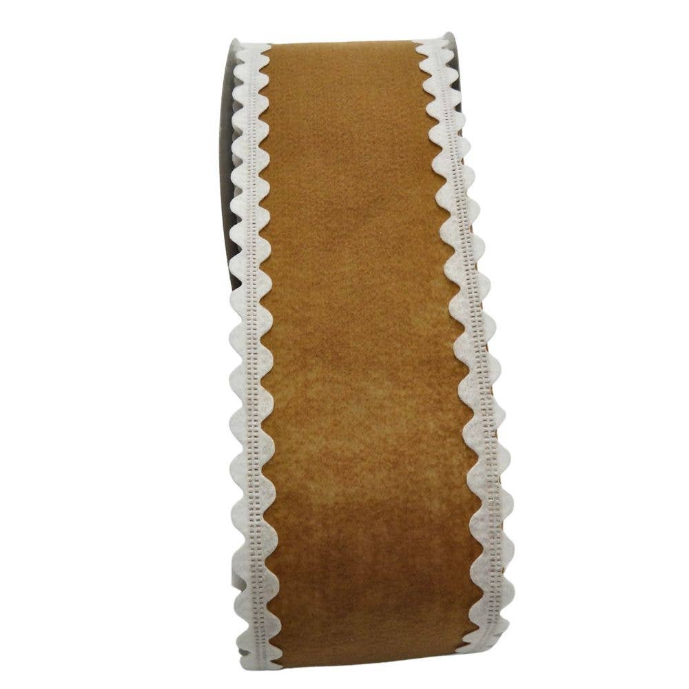 4" Tan White Felt Ribbon with Ric Rac Edges 10 Yards 75501-04-38