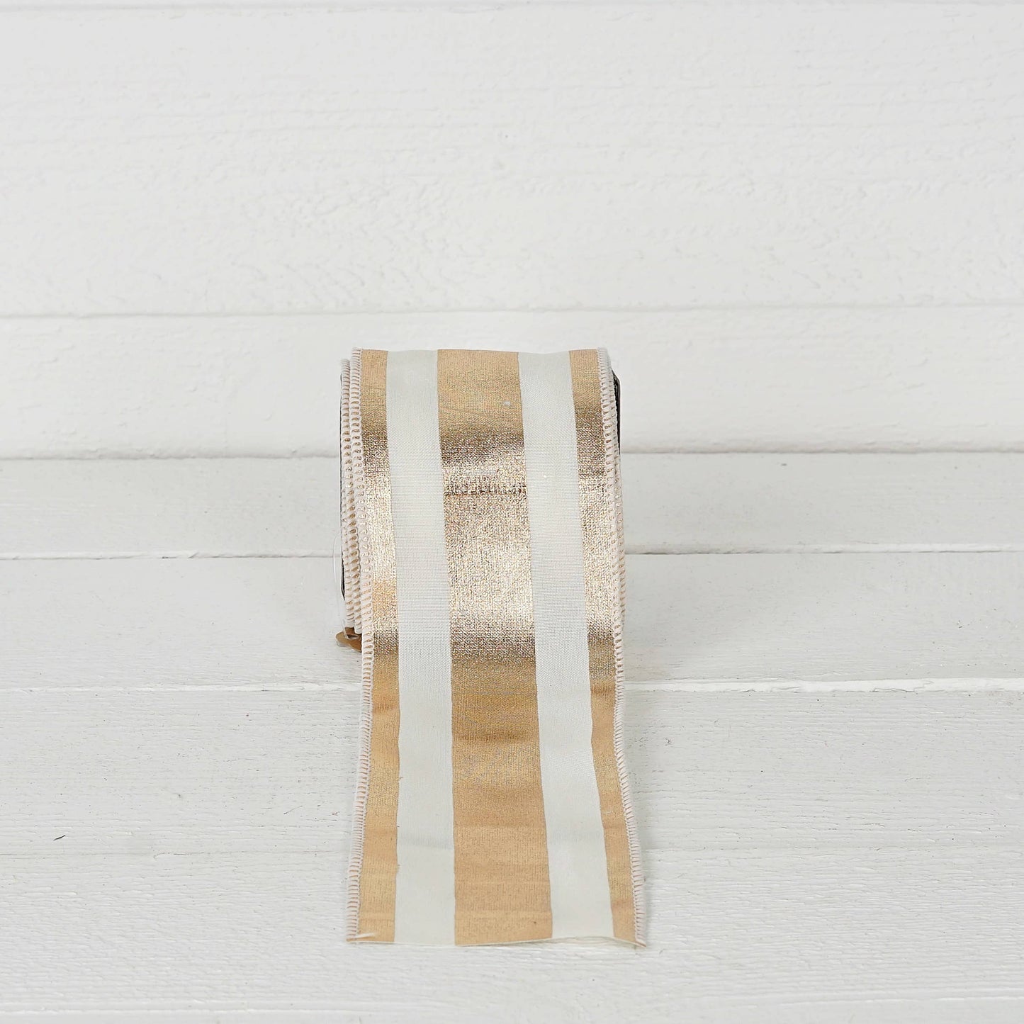 R32957-Wired Ribbon-Fabric-Gold and Cream Strips (4inW)