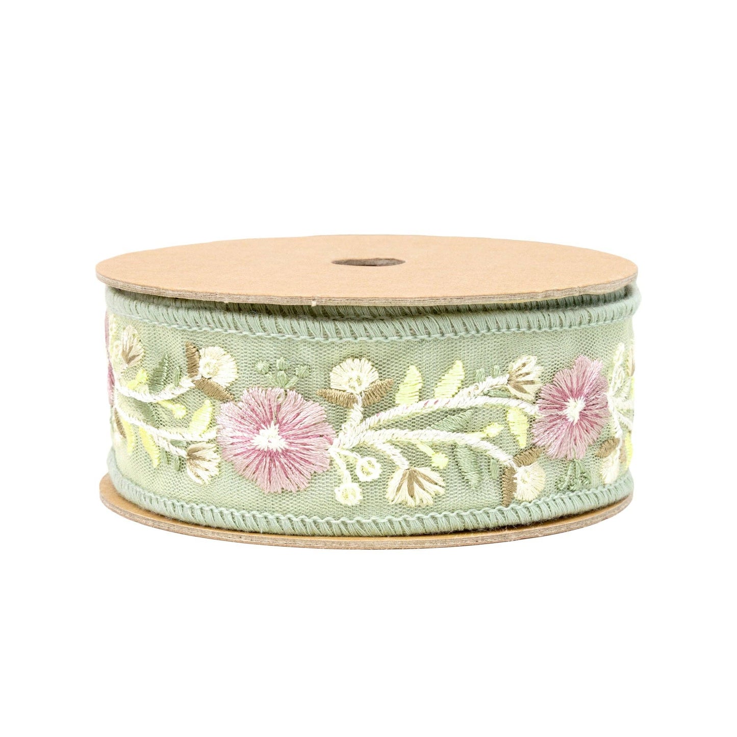 1 1/2" Wired Dupioni Ribbon | Green Flower Trim | 5 Yard Roll