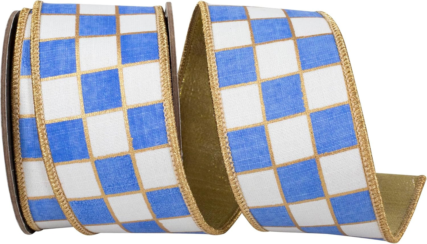 Ribbon - Gilded Check Outlined Deluxe Metallic Backed Wired Edge Ribbon, White/French Blue, 2-1/2 Inch, 5 Yards