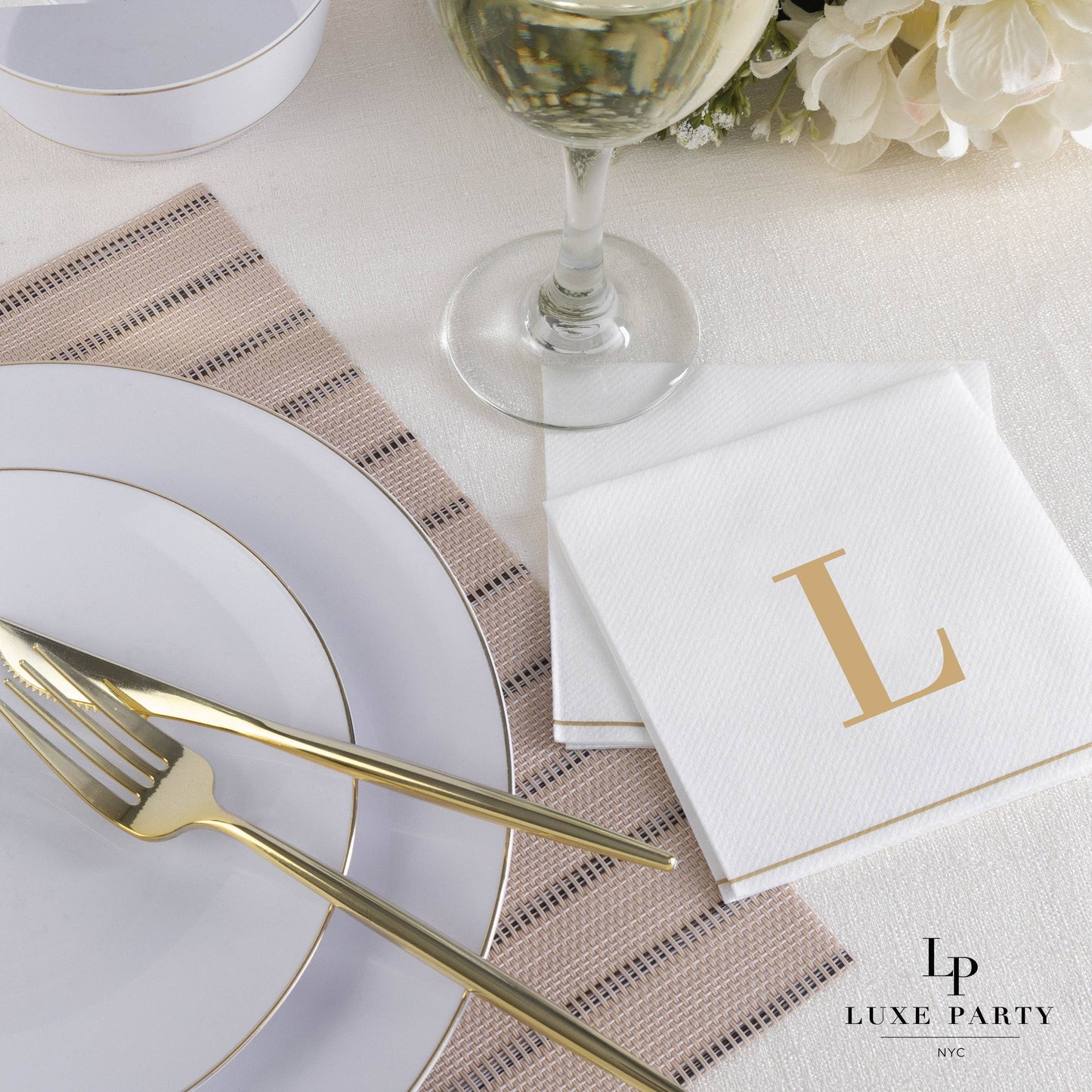 L Gold Monogram Cocktail Paper Napkins | 16 Napkins
