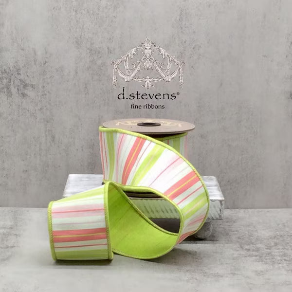 2.5" x 10yds Faux Dupioni Stripe Lime Back, Pink, White, Green
