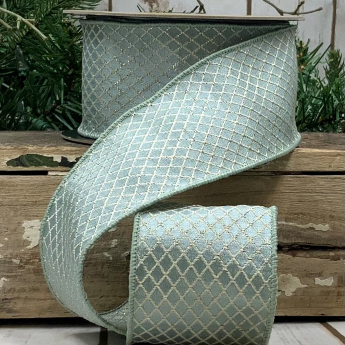 2.5" x 10 yds Jacquard Harlequin Trellis, Celadon