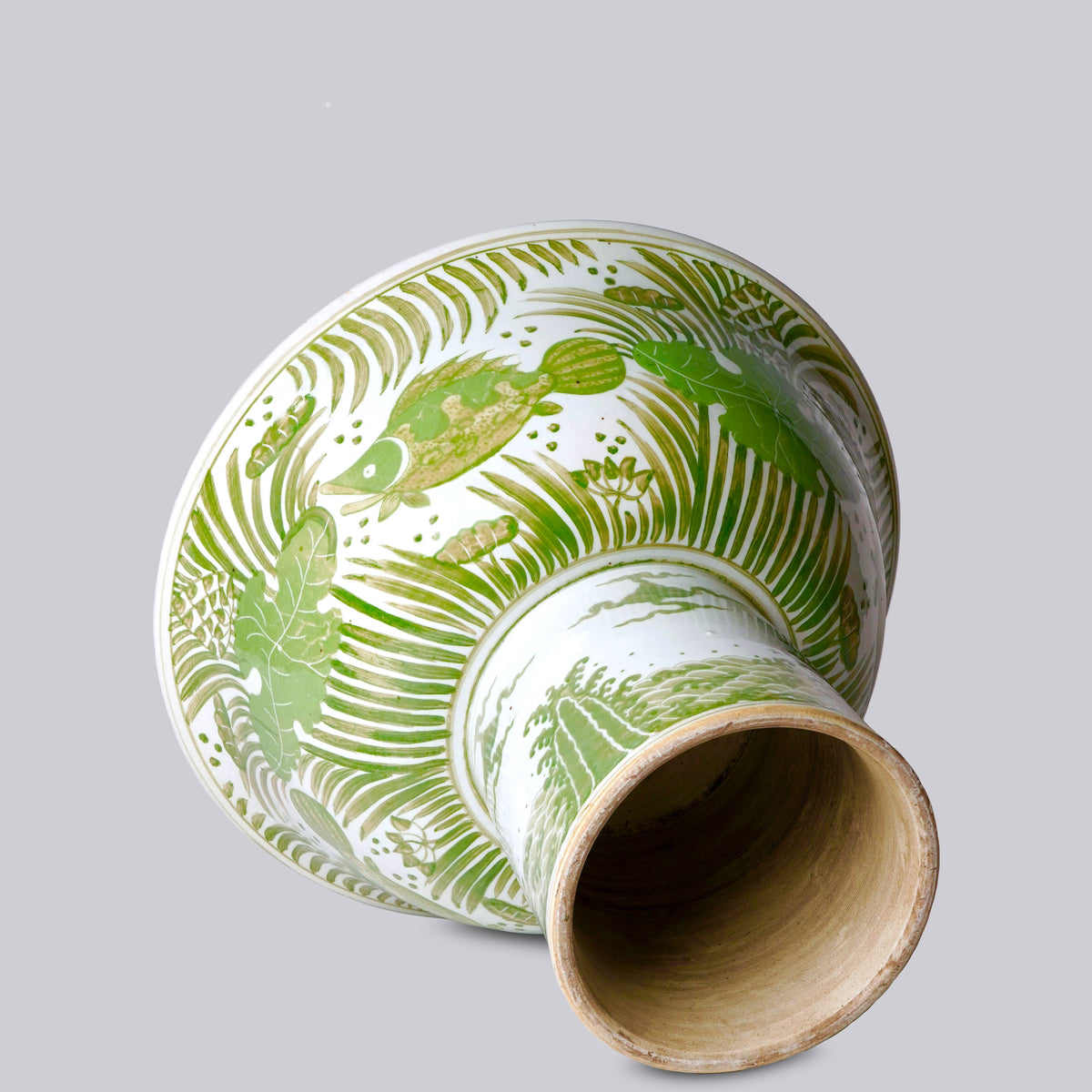 Green and White Porcelain Fish and Lotus Large Footed Bowl