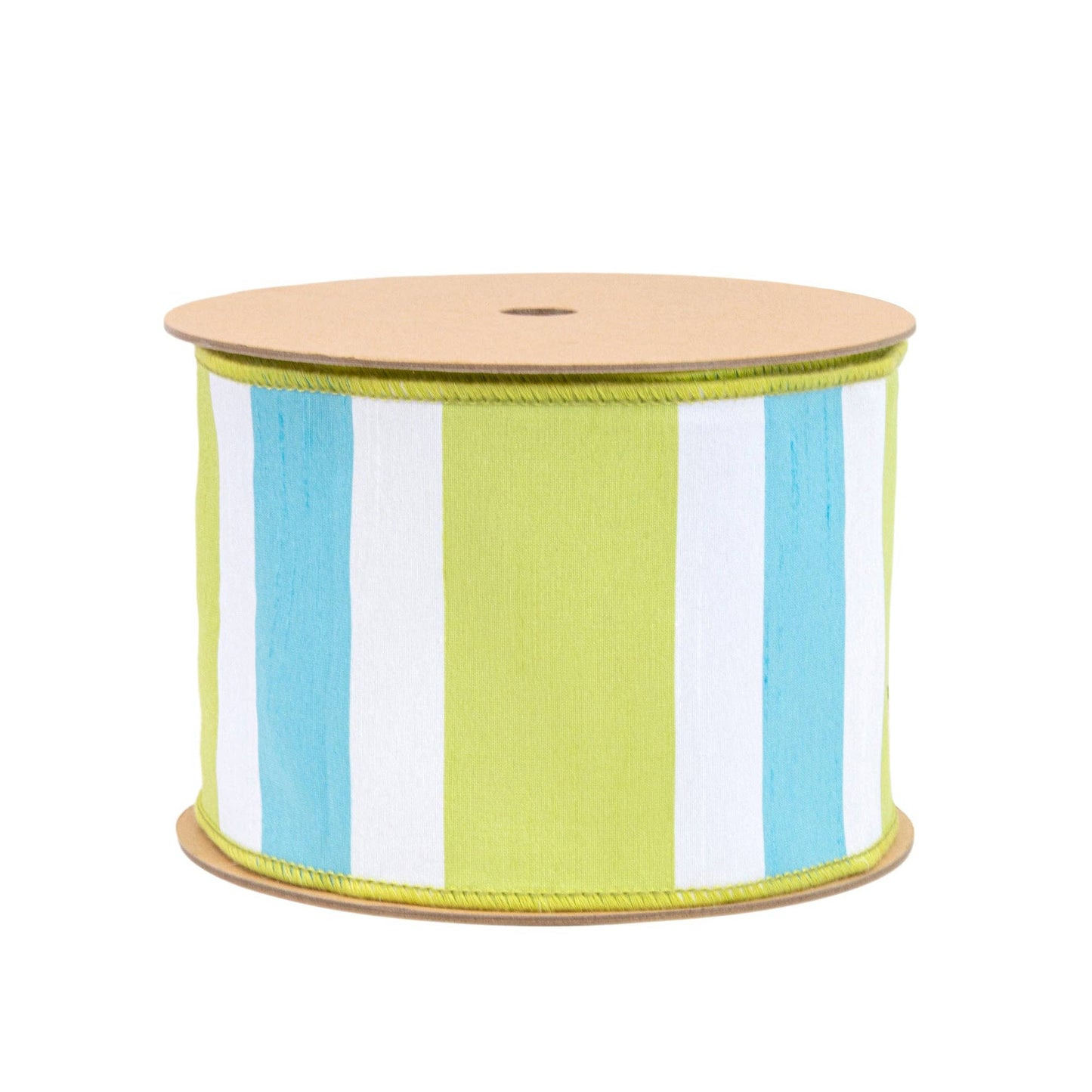 4" Wired Dupioni Ribbon | Green/White/Blue Large Horizontal Stripe w/ Green Backing | 10 Yard Roll