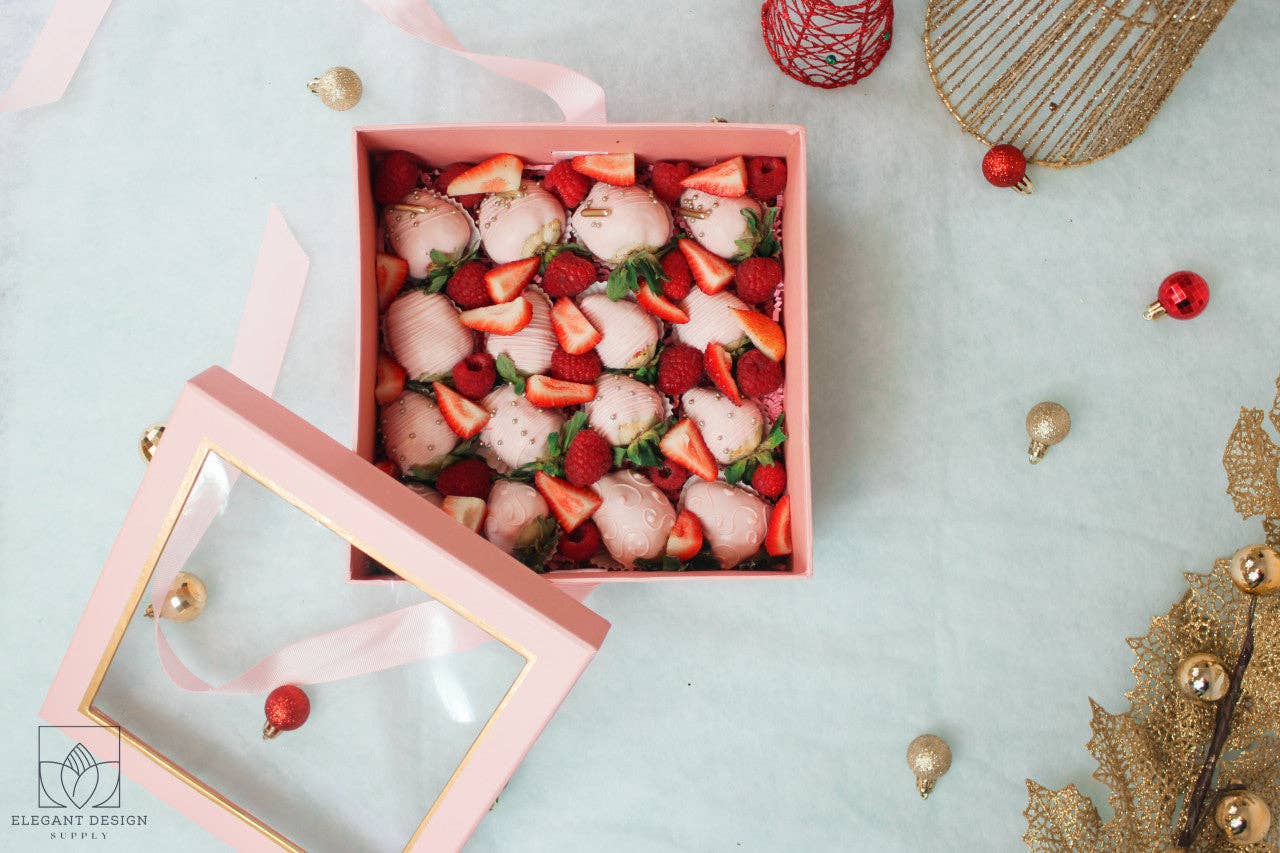 Square Gift Box with Clear Lid and Ribbon - Various Colors - For Luxury Flower/ Gift / Chocolate Strawberry Arrangements