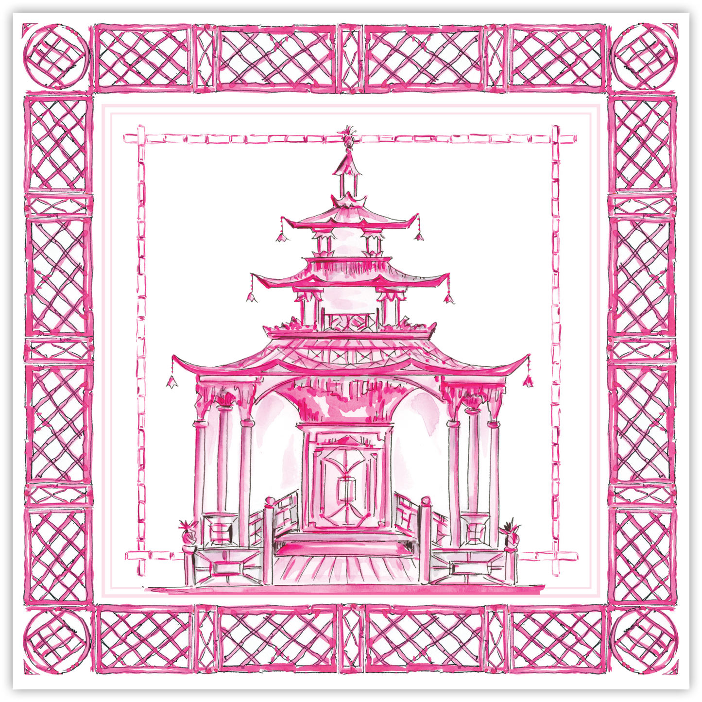 Handpainted Ornate Pagoda Pink Square Placemat
