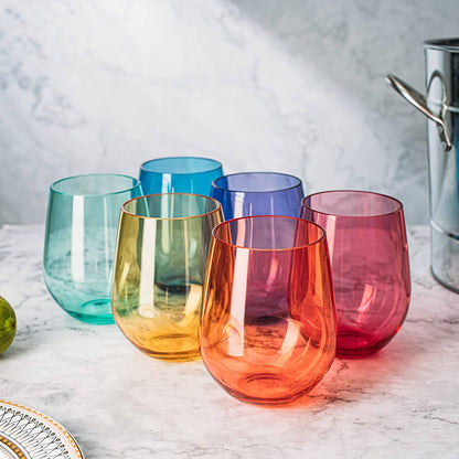 6 Unbreakable Colored Stemless Wine Glasses Acrylic Plastic