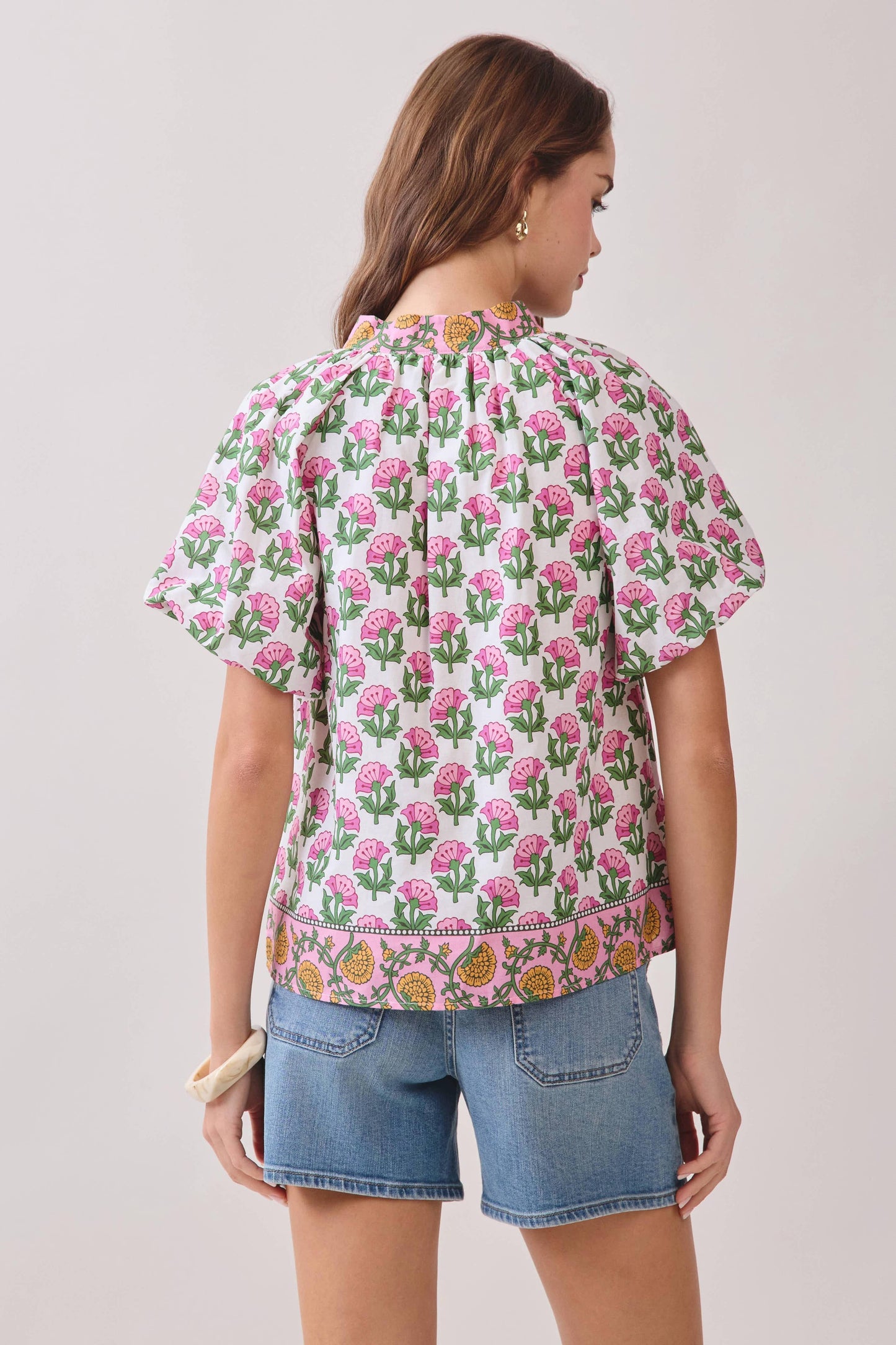 CT9806-Floral Print Bubble Sleeves Split Neckline top