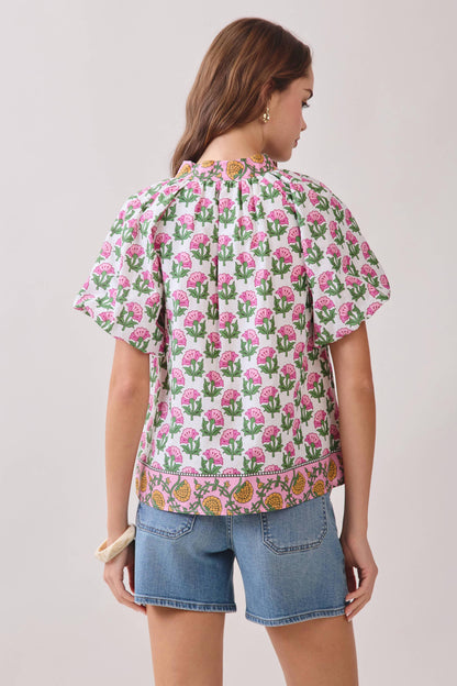 CT9806-Floral Print Bubble Sleeves Split Neckline top