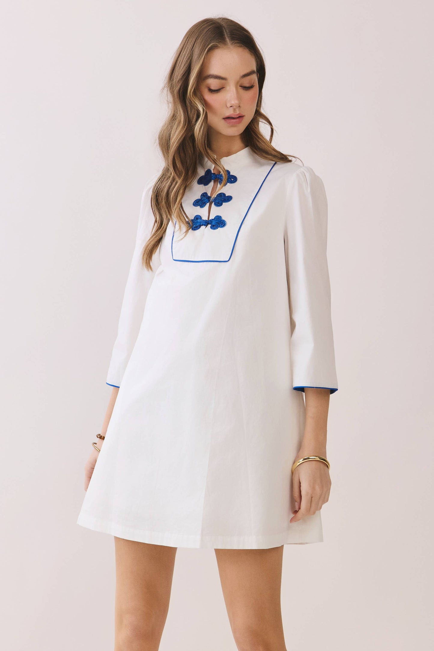 CD06666-Mandarin Collar Contrast Frog Button Detail Dress