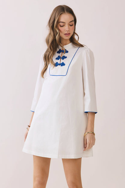 CD06666-Mandarin Collar Contrast Frog Button Detail Dress