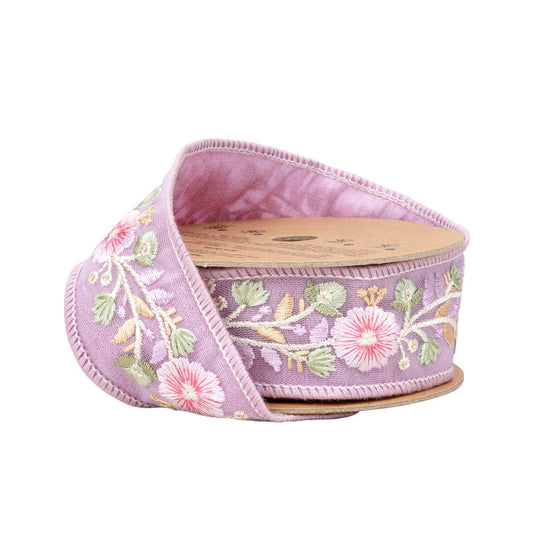 1 1/2" Wired Dupioni Ribbon | Lavender Flower Trim | 5 Yard Roll