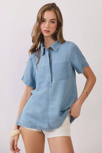 CT10011-Tencel Button Down Pocket Tunic Top
