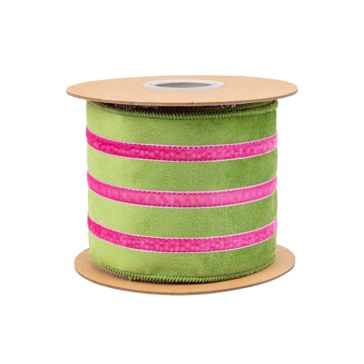4" Wired Velvet Ribbon w/ Trim | Green w/ Pink Trim | 10 Yard Roll