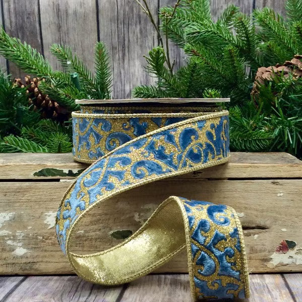 1.5" x 10yds Velvet Glitter Treillage, Dusty Blue