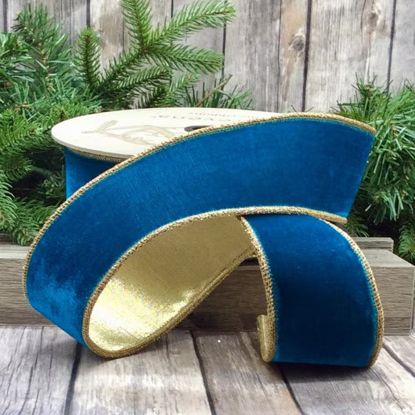2.5" x 10yds Velvet Glitter Gold Trim, Teal Blue