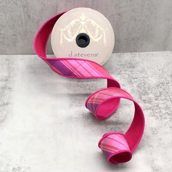 1.5" x 10yds Dupioni Raspberry Swirl Diagonal Plaid, Pink, Purple