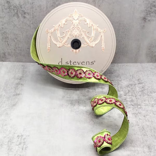 1.5" x 10yds Metallic Dupioni Gold Hot Pink Sequin Trim, Apple Green