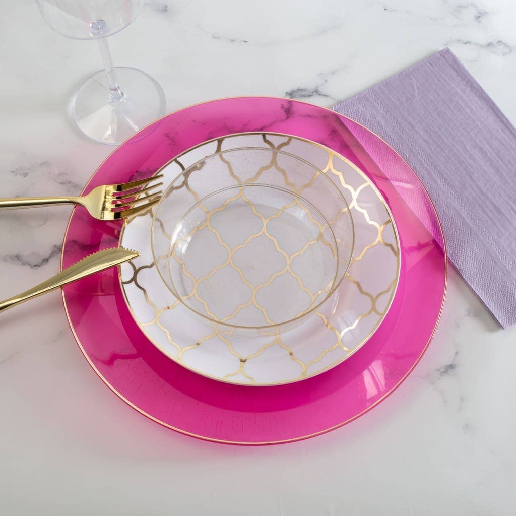 Hot Pink and Gold Round Transparent Plastic Plates | 10 Pack
