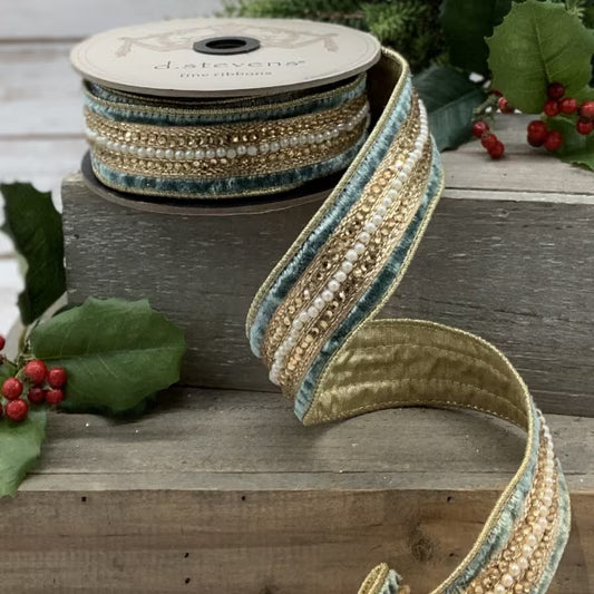 1.5" x 5yds Velvet Bead Pearl Trim Metallic Gold Back, Celadon