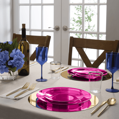 Hot Pink and Gold Round Transparent Plastic Plates | 10 Pack