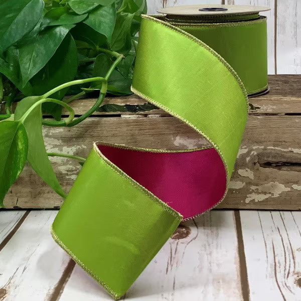 2.5" x 10yds Taffeta Double Side, Hot Pink/Apple Green