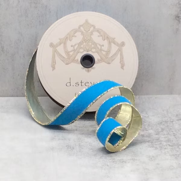 1.5" x 25yds Velvet Metallic Gold Back, Pacific Blue