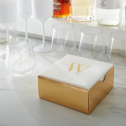 Letter W Gold Foil Monogram Paper Cocktail Napkins with Gift Box | 32 Napkins