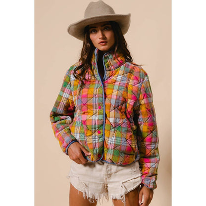 BLEACHED VINTAGE PLAID QUILTED JACKET WITH POCKETS