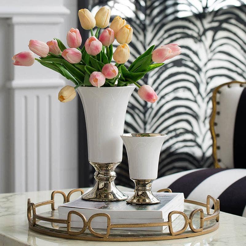D4.5x8" Elliette Pedestal Vase - White/Gold