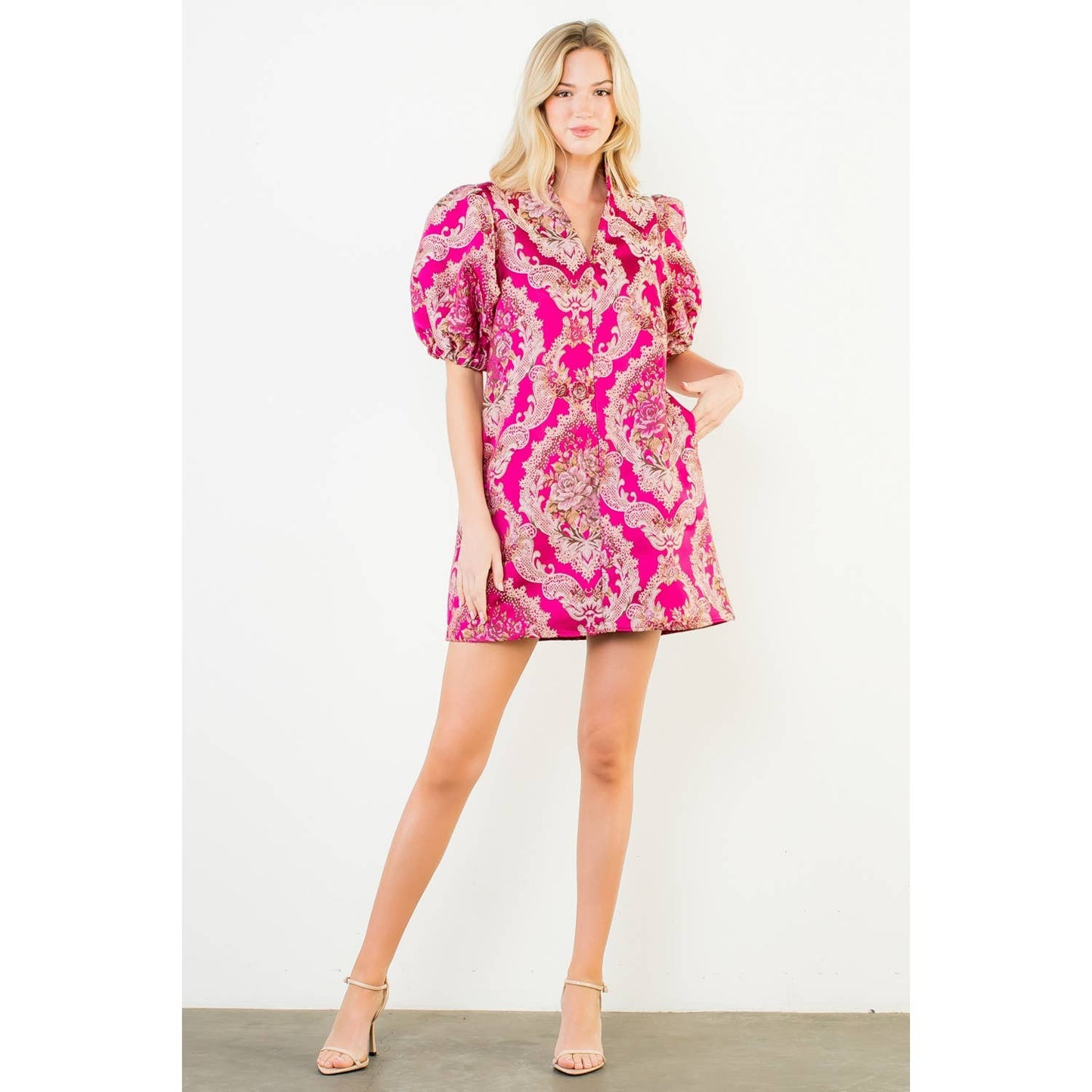 Puff Sleeve Floral Embroidery Detail Dress