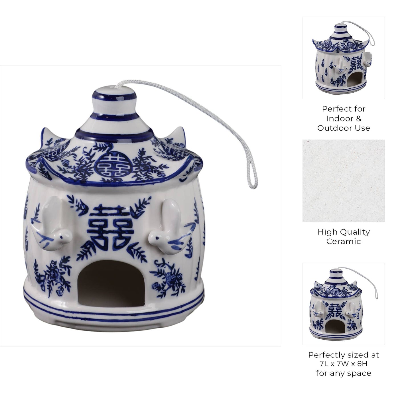 Bird House - White/Blue Chinoiserie Large Pagoda, 8 in.
