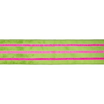 4" Wired Velvet Ribbon w/ Trim | Green w/ Pink Trim | 10 Yard Roll