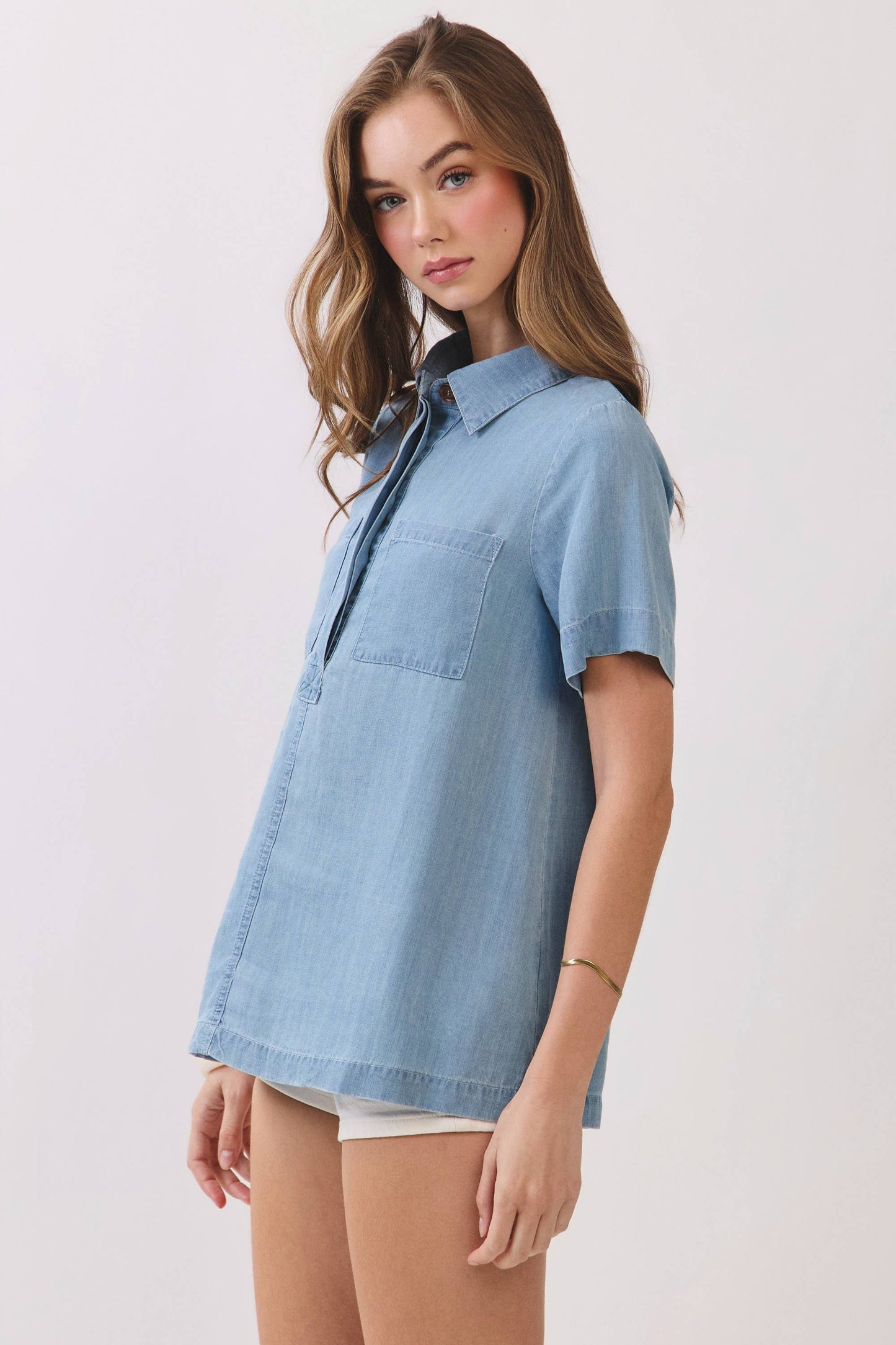 CT10011-Tencel Button Down Pocket Tunic Top