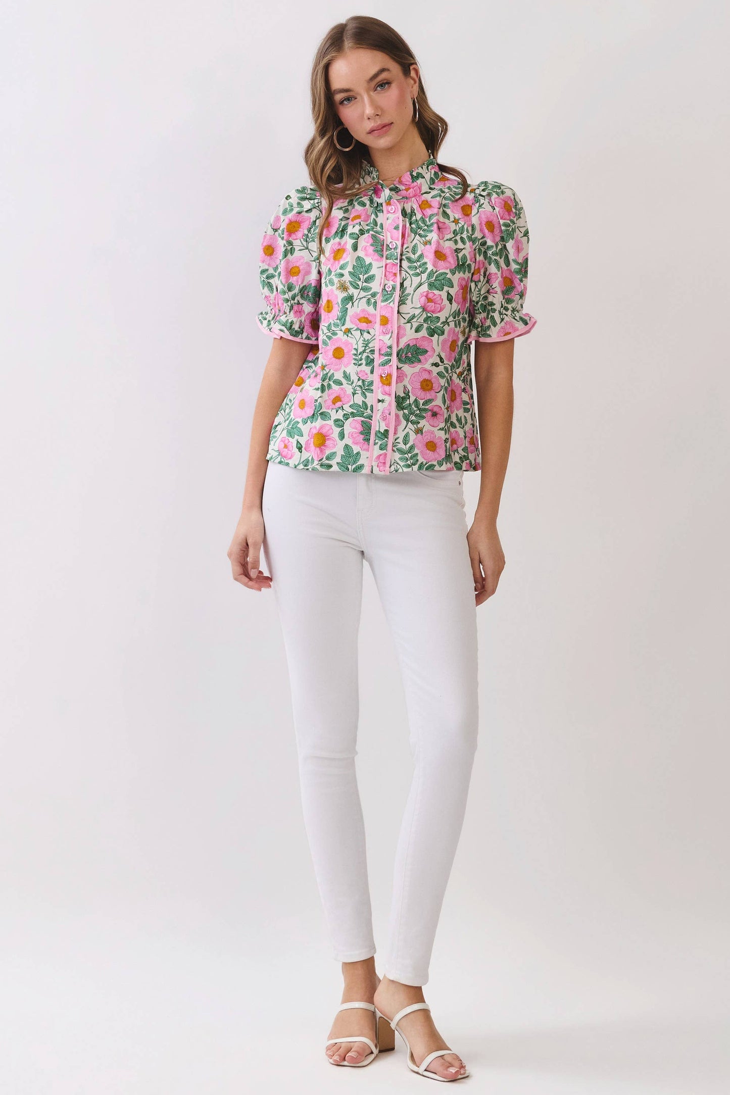 CT10022-Floral Print Button Down Puff Sleeve Blouse