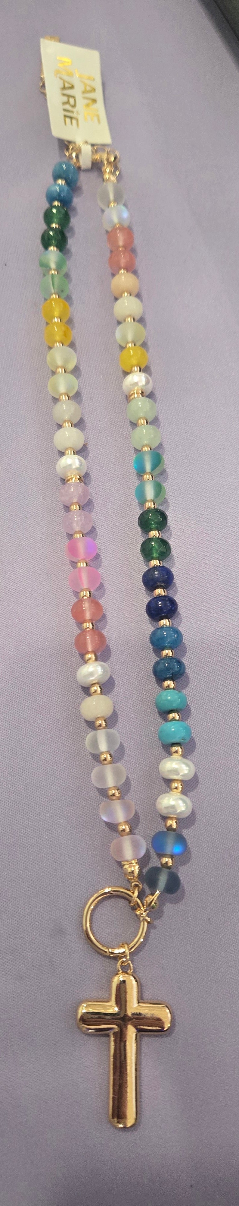 Multi Beaded Necklace with Gold Cross