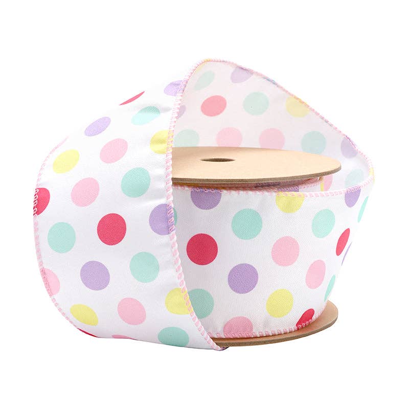 2 1/2" Wired Ribbon | White w/ Pastel Dots | 10 Yard Roll