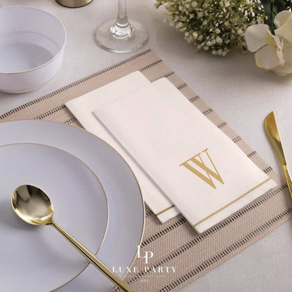 Letter W Gold Monogram Paper Disposable Dinner Napkins | 14 Napkins