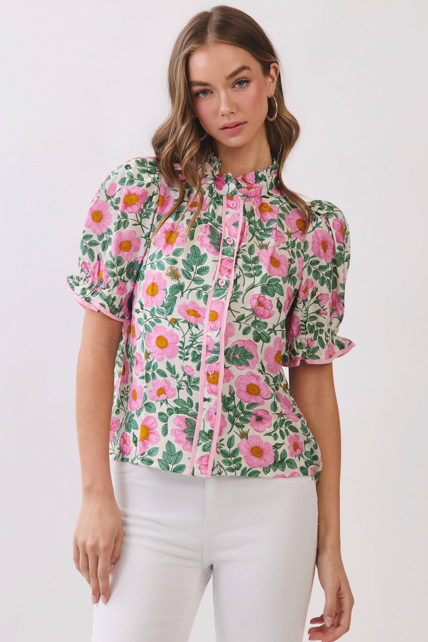 CT10022-Floral Print Button Down Puff Sleeve Blouse