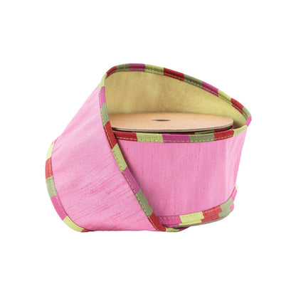 2 1/2" Wired Reversible Ribbon | Pink/Apple Green Dupion Apsen Check Piping | 10 Yard Roll