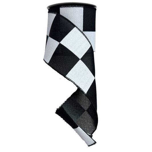 Black Linen White Jordan Check Ribbon 4" x 10 Yards – 42680-04-21