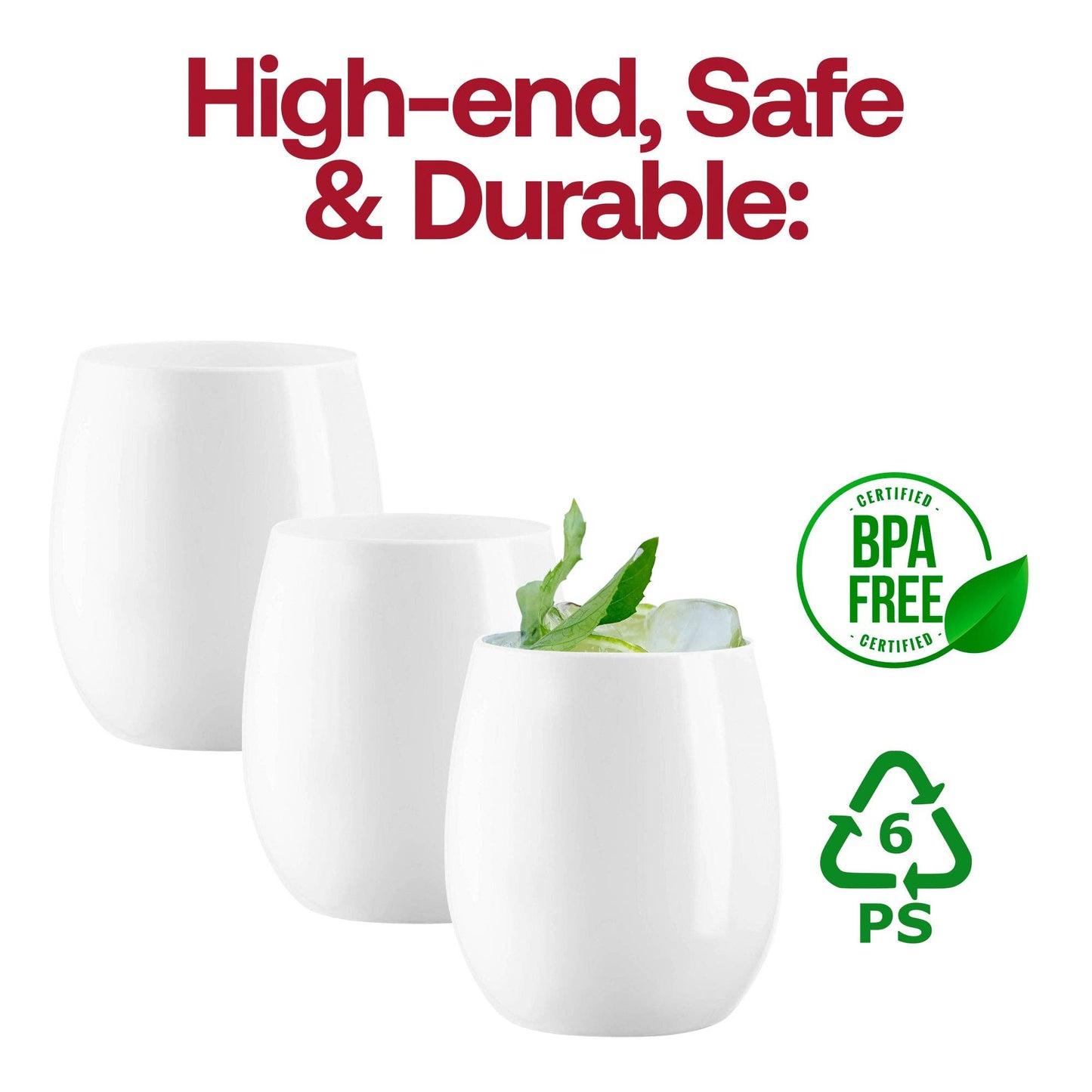 12 oz. White Elegant Stemless Plastic Wine Glasses - 16 pcs