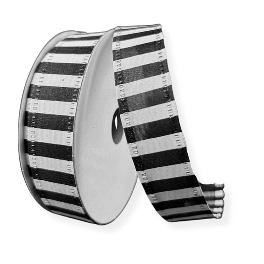 7/8"X10Y    Black Satin with White Stripes Wired 76466-05-21